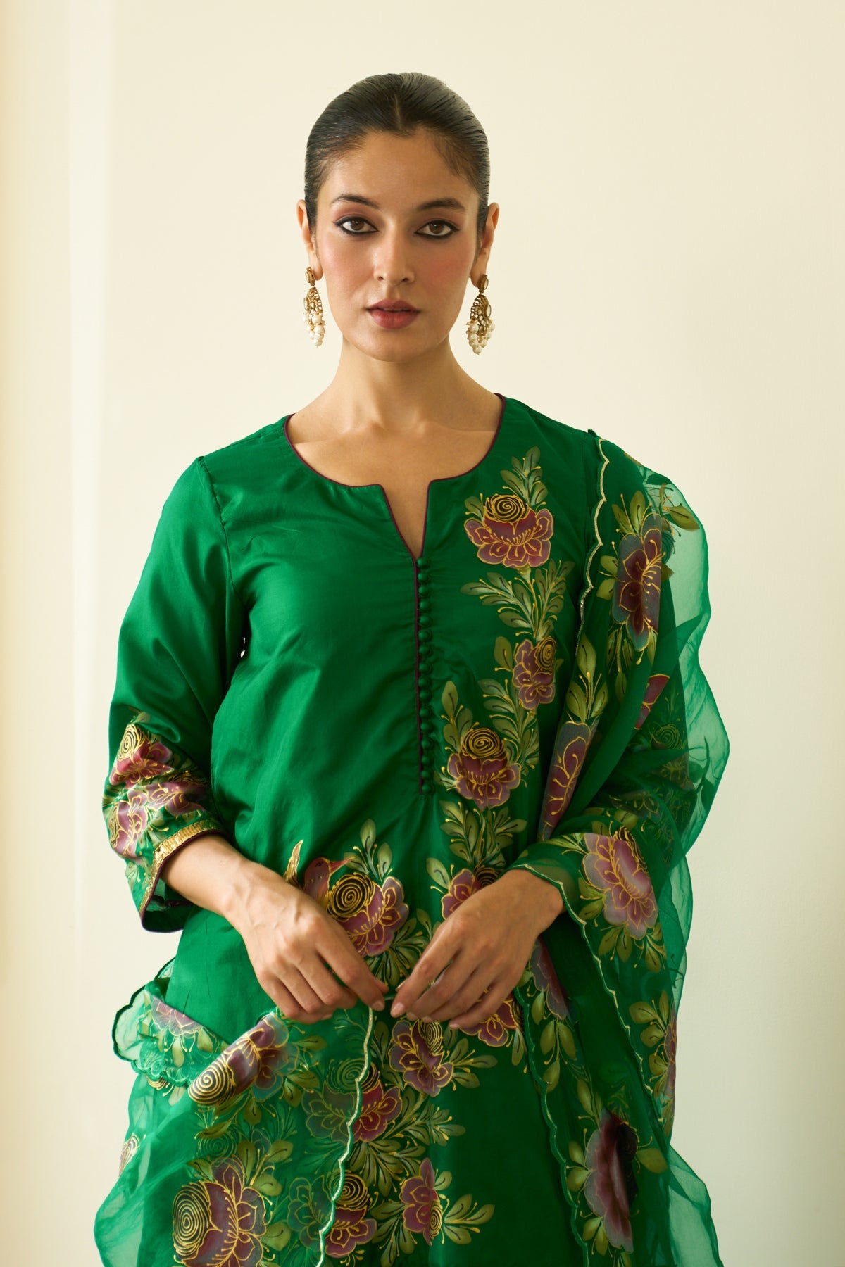 Saanjh Green Silk Handpainted Kurta Sharara And Dupatta ( Set Of 3)