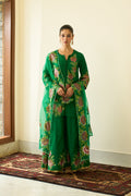 Saanjh Green Silk Handpainted Kurta Sharara And Dupatta ( Set Of 3)