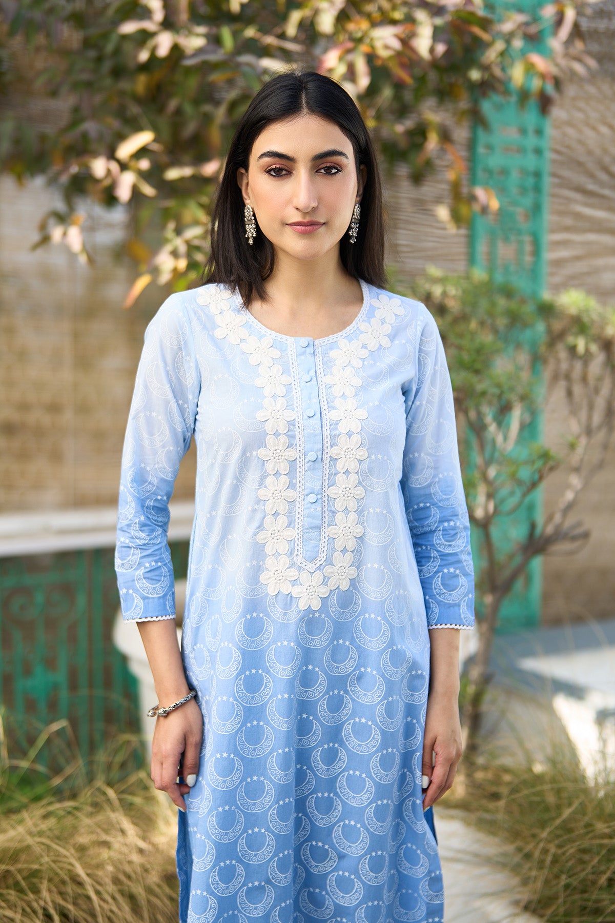 Ombre blue block printed straight kurta with palazzo and dupatta ( set of  3 ) - Ready to ship
