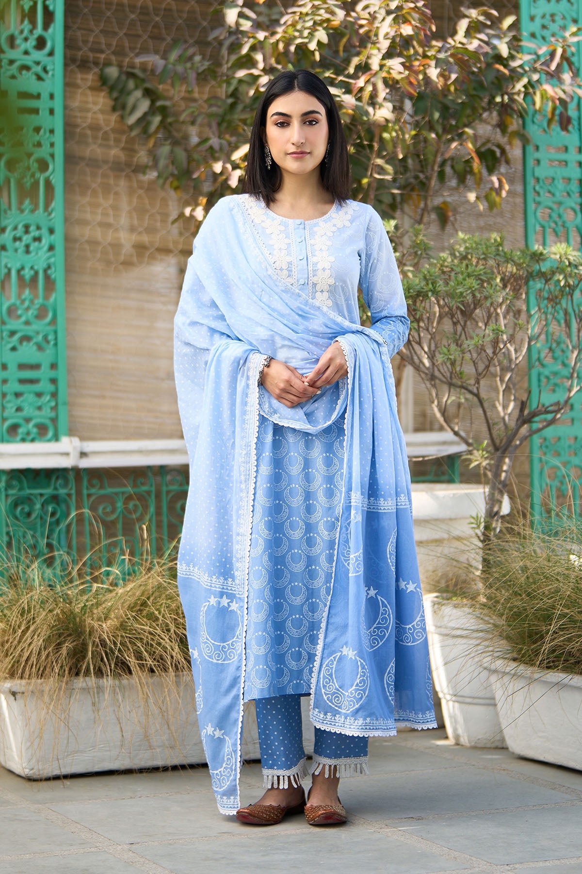 Ombre blue block printed straight kurta with palazzo and dupatta ( set of  3 ) - Ready to ship