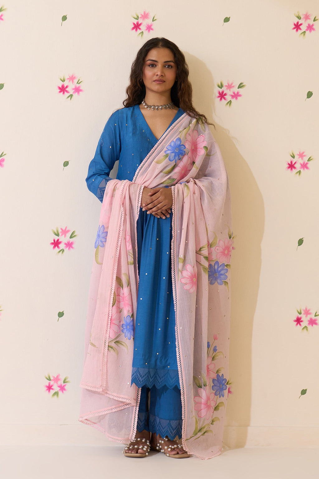 Mehraz Handpaint blue Mukaish  pintuck kurta with palaazo and dupatta ( set of 3 ) - Ready to ship