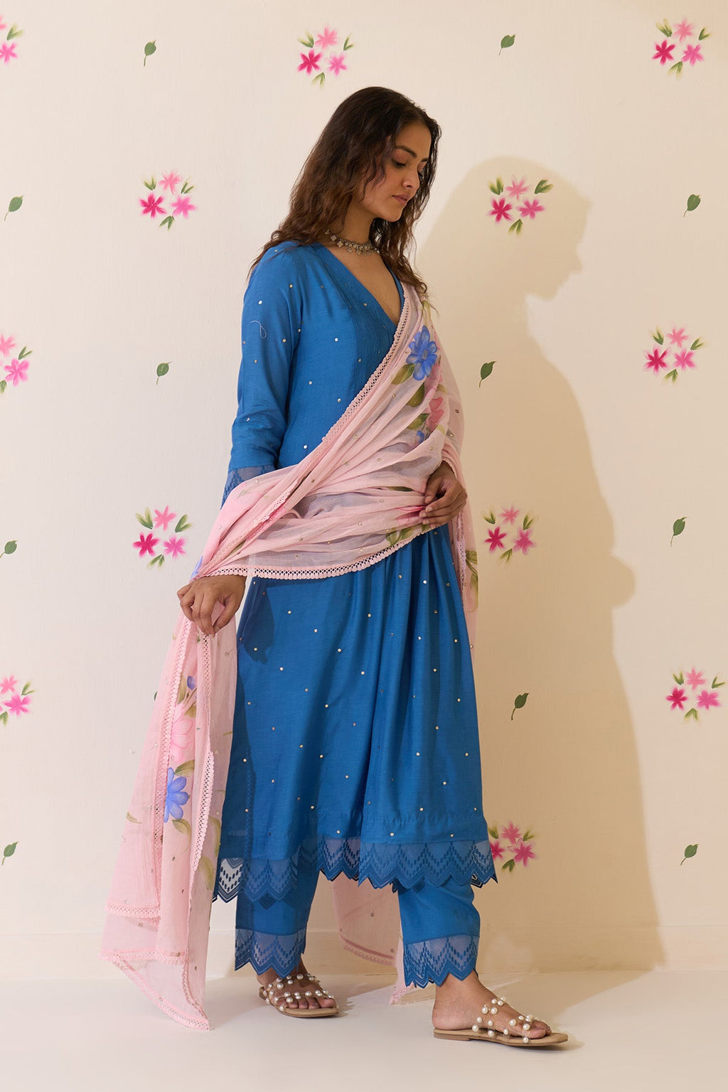 Mehraz Handpaint blue Mukaish  pintuck kurta with palaazo and dupatta ( set of 3 ) - Ready to ship