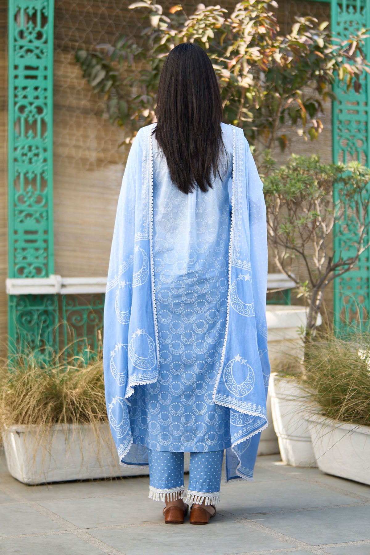 Ombre blue block printed straight kurta with palazzo and dupatta ( set of  3 ) - Ready to ship