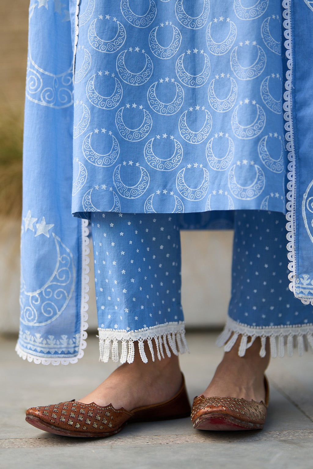 Ombre blue block printed straight kurta with palazzo and dupatta ( set of  3 ) - Ready to ship