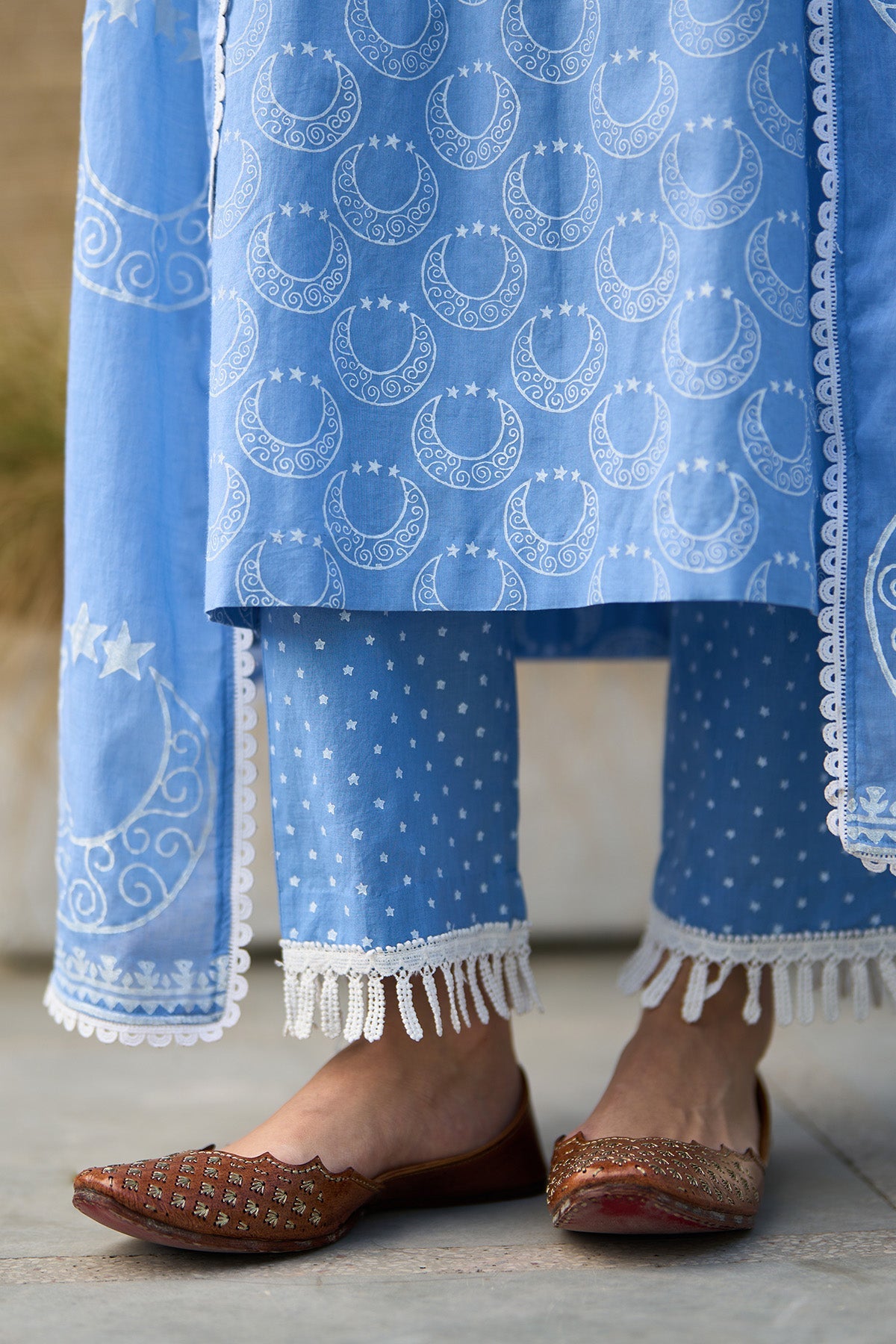 Ombre blue block printed straight kurta with palazzo and dupatta ( set of  3 ) - Ready to ship
