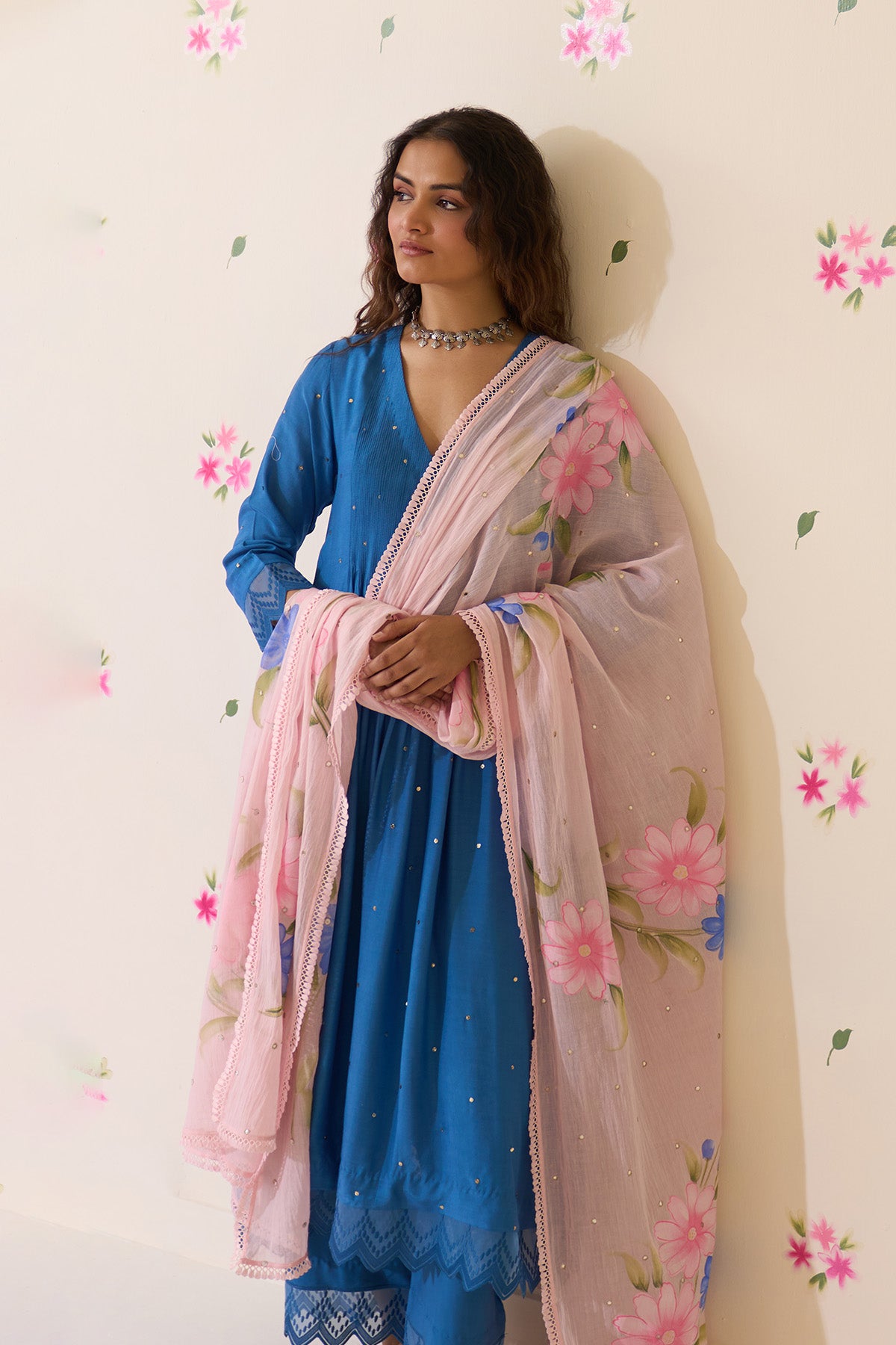 Mehraz Handpaint blue Mukaish  pintuck kurta with palaazo and dupatta ( set of 3 ) - Ready to ship
