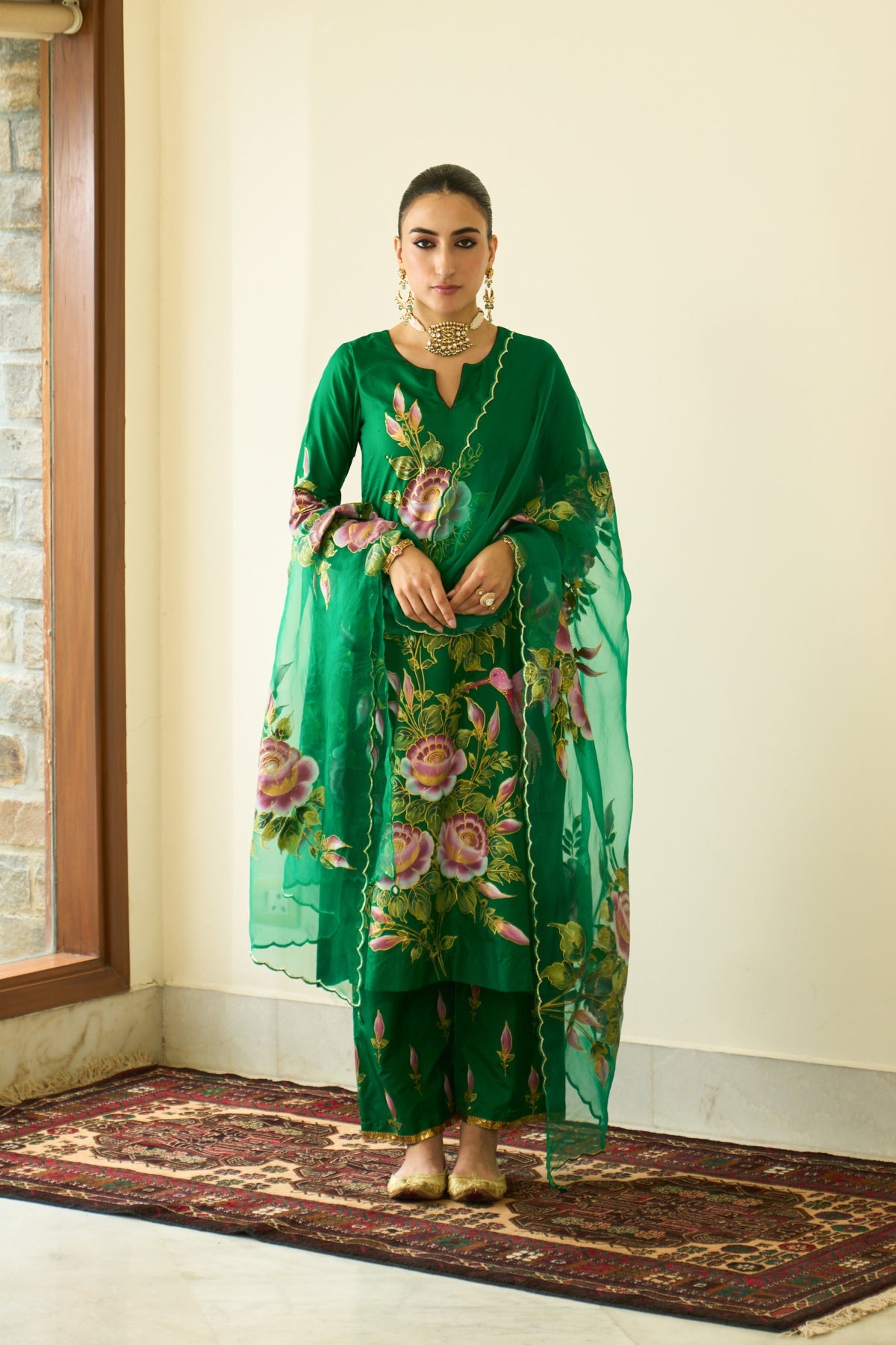 Saanjh Green Lilac Silk Handpainted Straight Kurta With Palazzo And Dupatta ( Set Of 3)