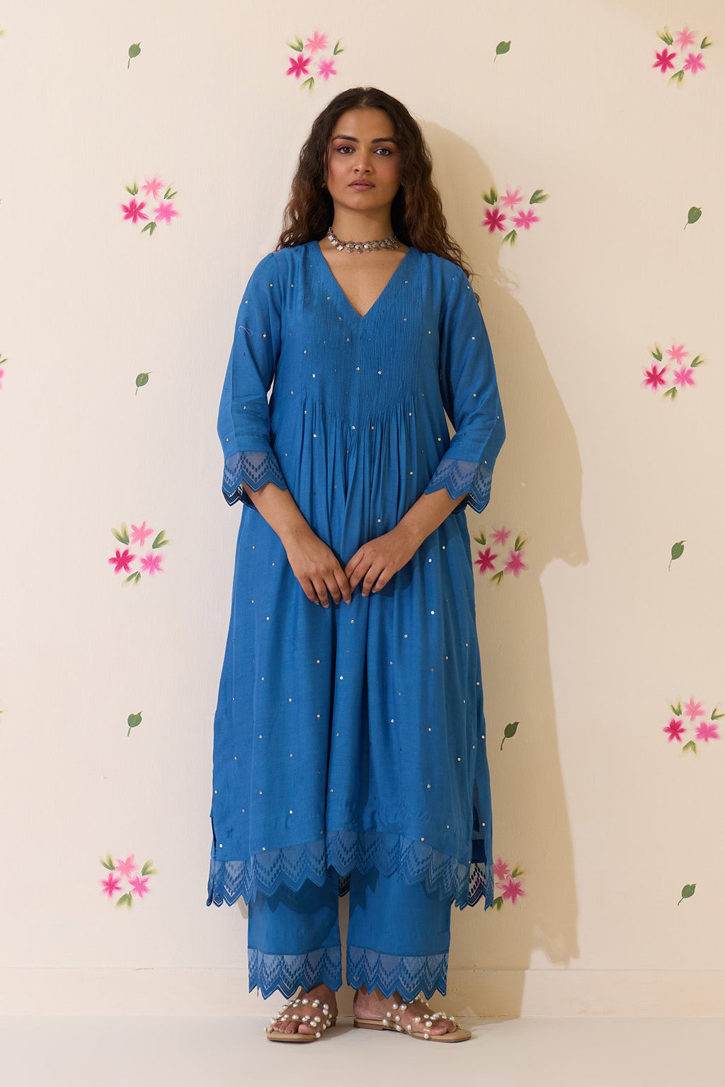 Mehraz Handpaint blue Mukaish  pintuck kurta with palaazo and dupatta ( set of 3 ) - Ready to ship