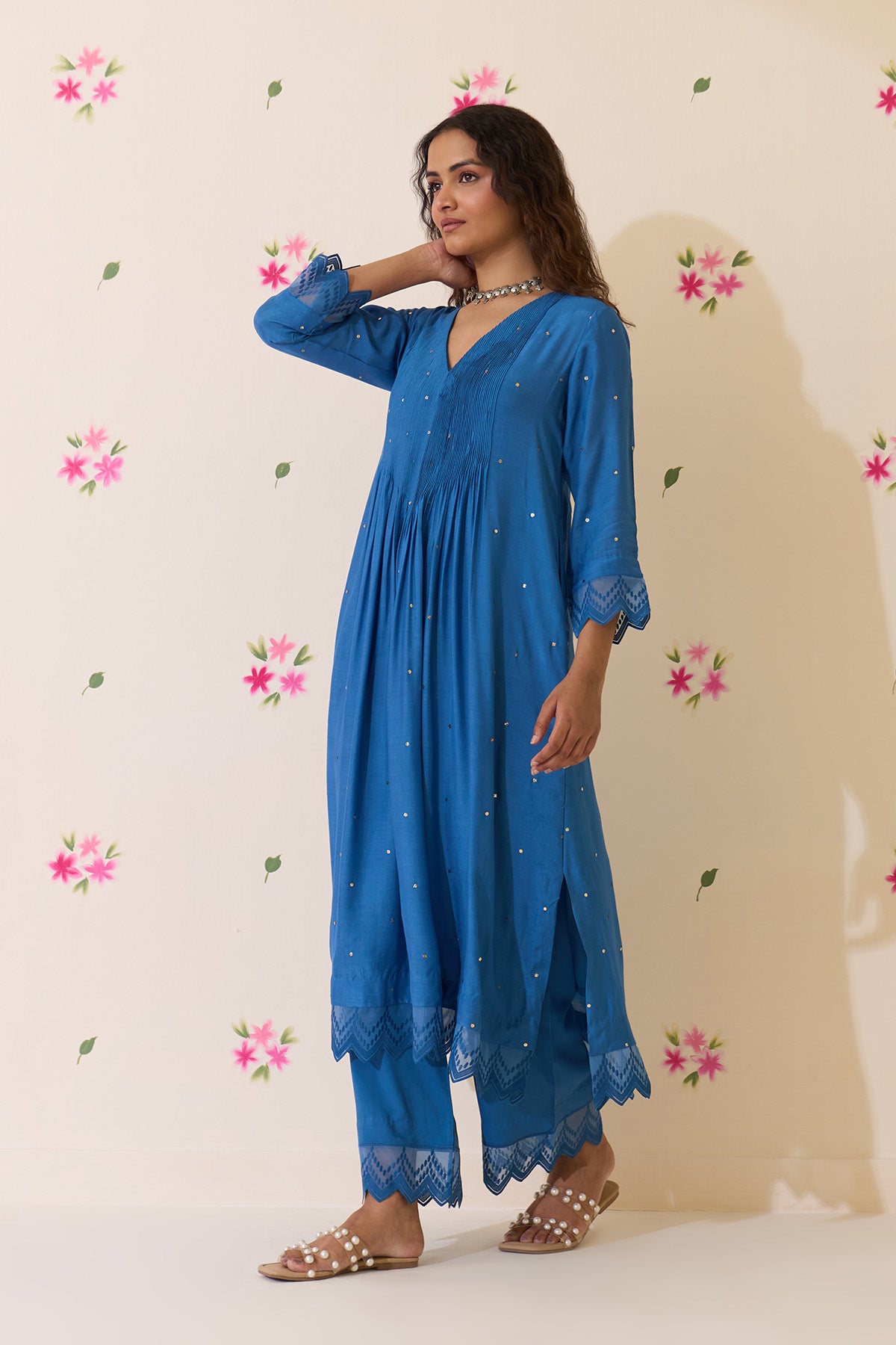 Mehraz Handpaint blue Mukaish  pintuck kurta with palaazo and dupatta ( set of 3 ) - Ready to ship