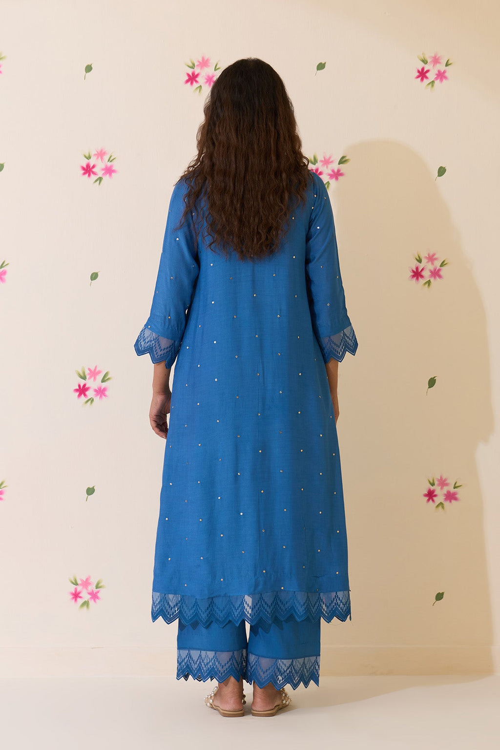 Mehraz Handpaint blue Mukaish  pintuck kurta with palaazo and dupatta ( set of 3 ) - Ready to ship
