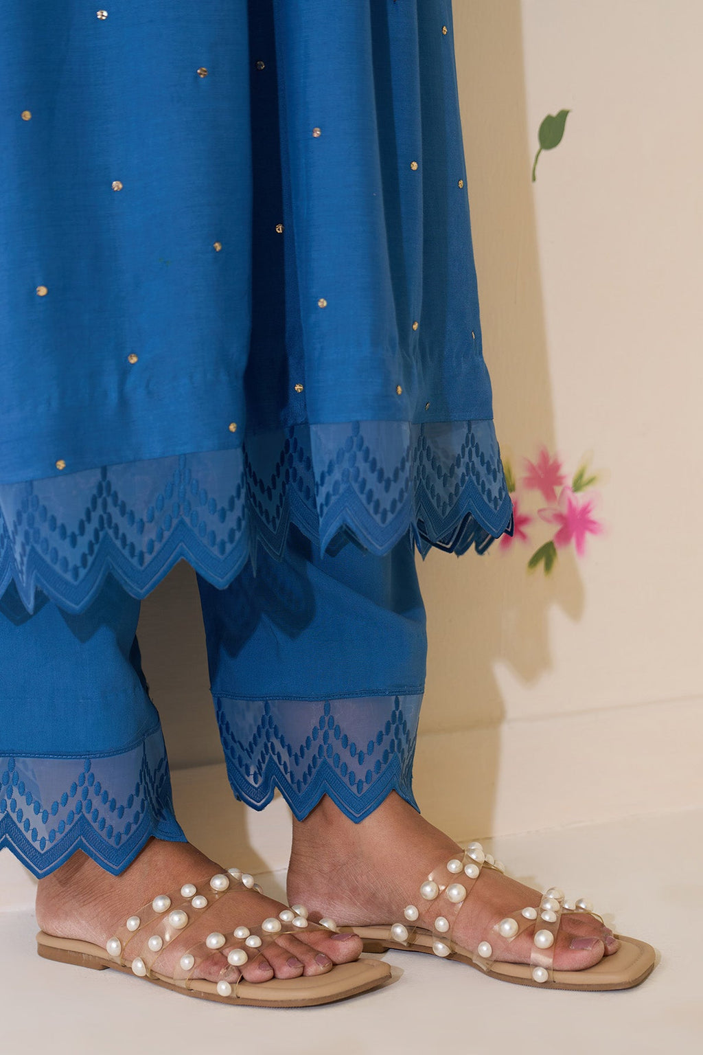 Mehraz Handpaint blue Mukaish  pintuck kurta with palaazo and dupatta ( set of 3 ) - Ready to ship