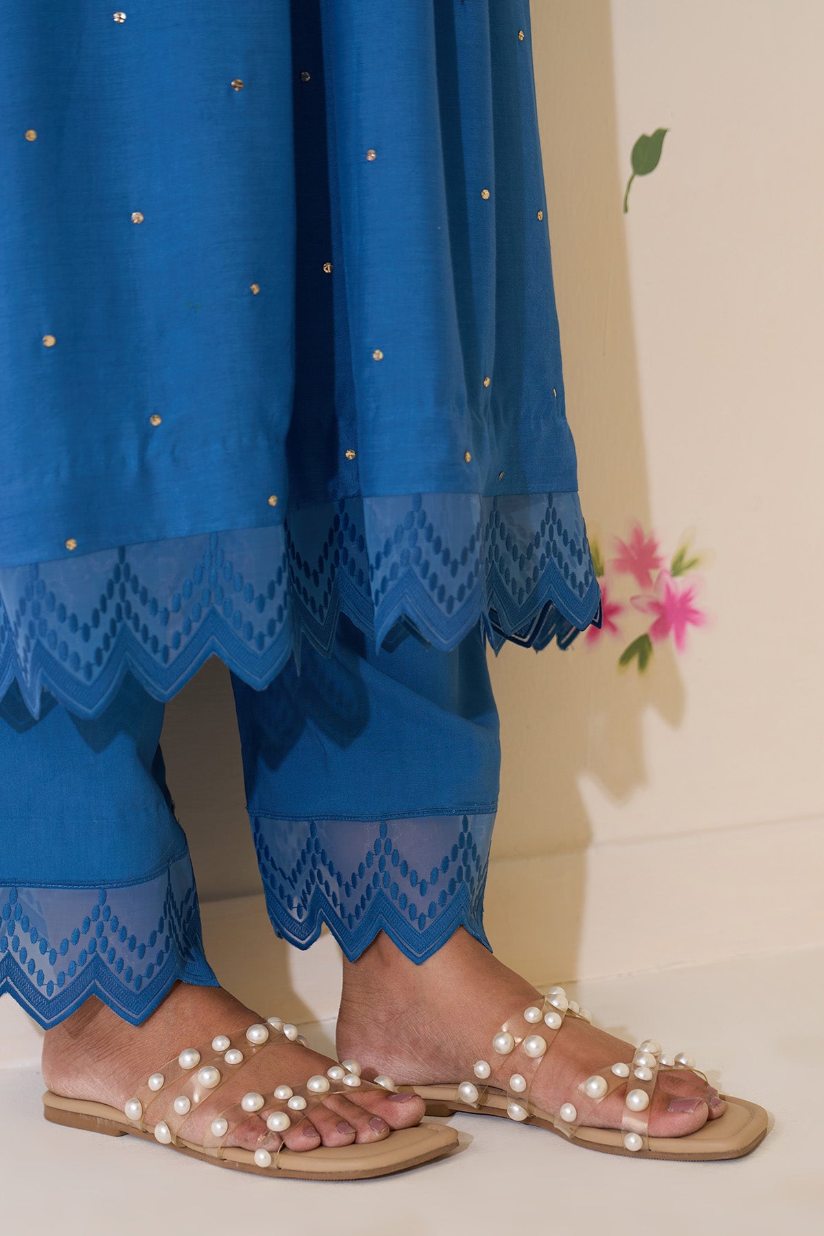 Mehraz Handpaint blue Mukaish  pintuck kurta with palaazo and dupatta ( set of 3 ) - Ready to ship