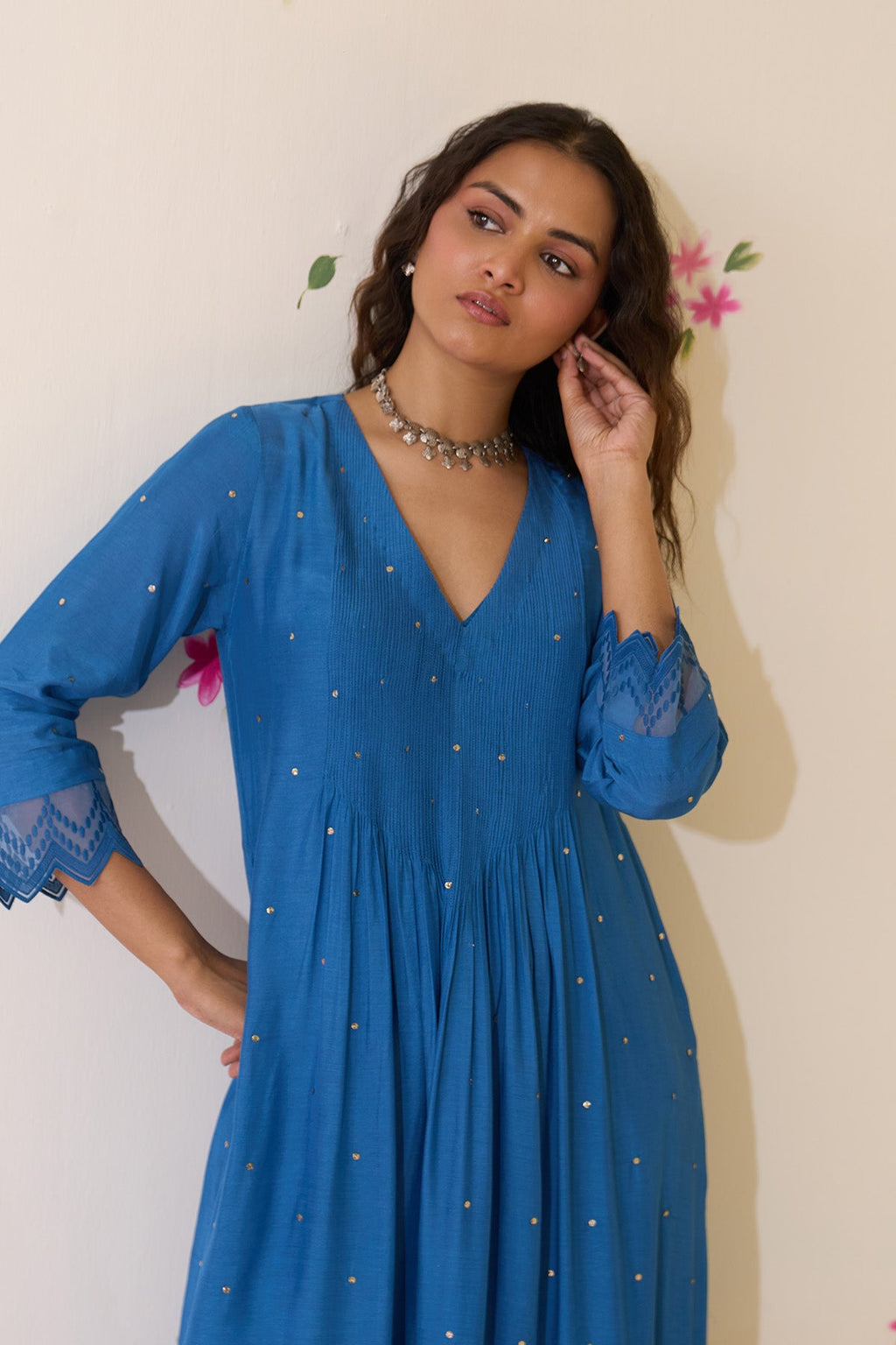 Mehraz Handpaint blue Mukaish  pintuck kurta with palaazo and dupatta ( set of 3 ) - Ready to ship