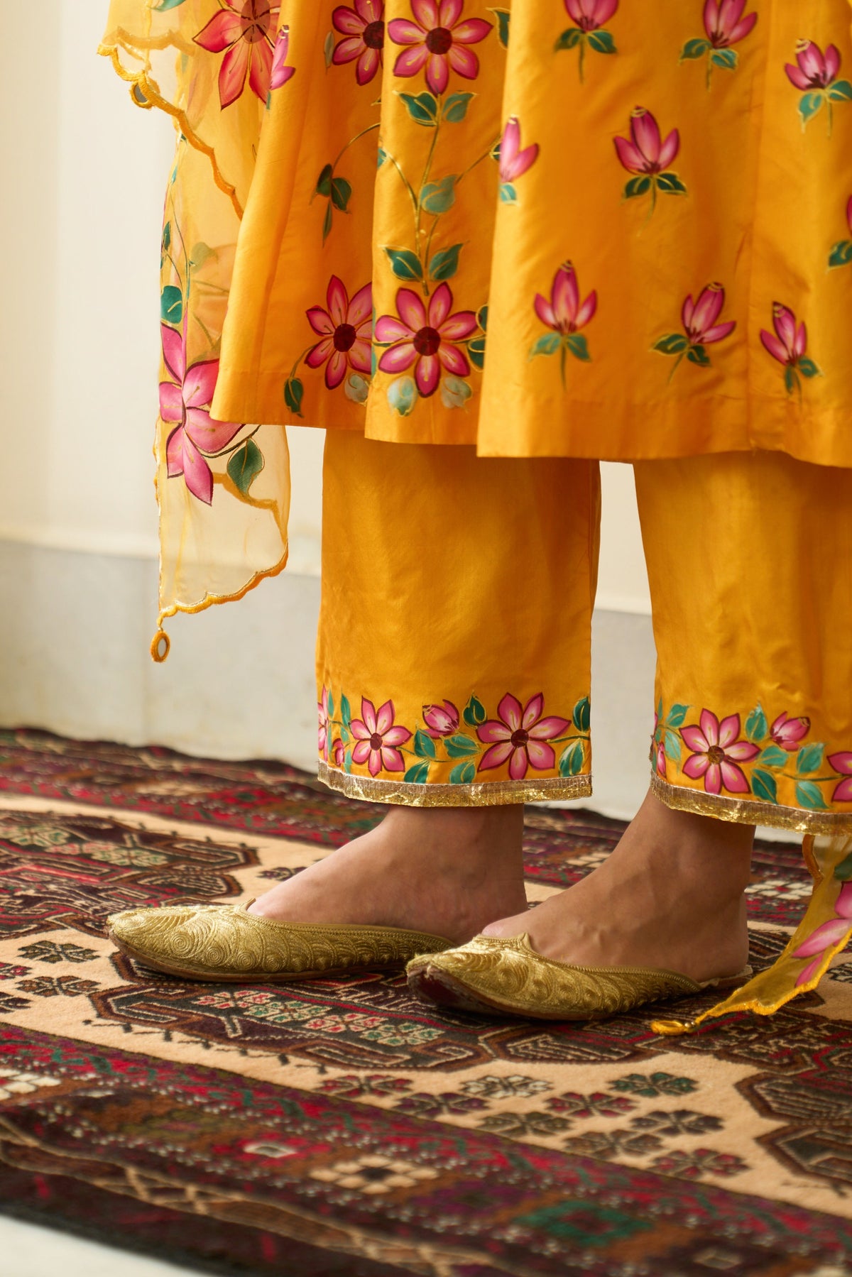 Saanjh Mustard Silk Handpainted Kalidar Kurta With Palazzo And Dupatta ( Set Of 3)