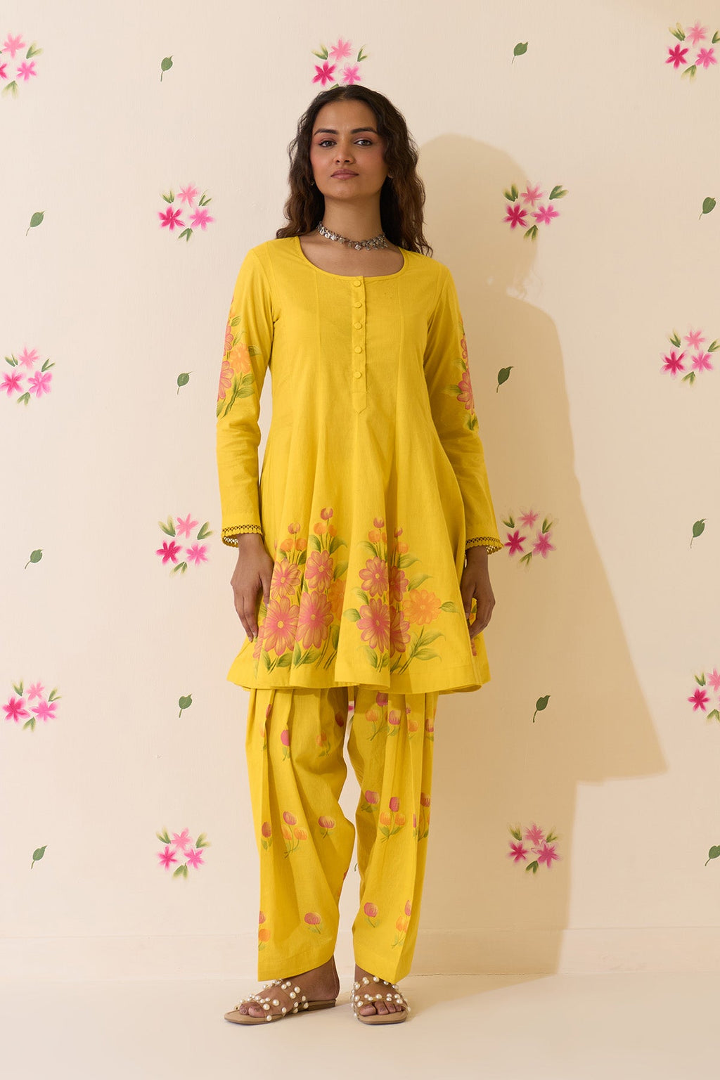Mehraz Handpaint neon green short anarkali with salwar and dupatta ( set of 3 ) - Ready to ship