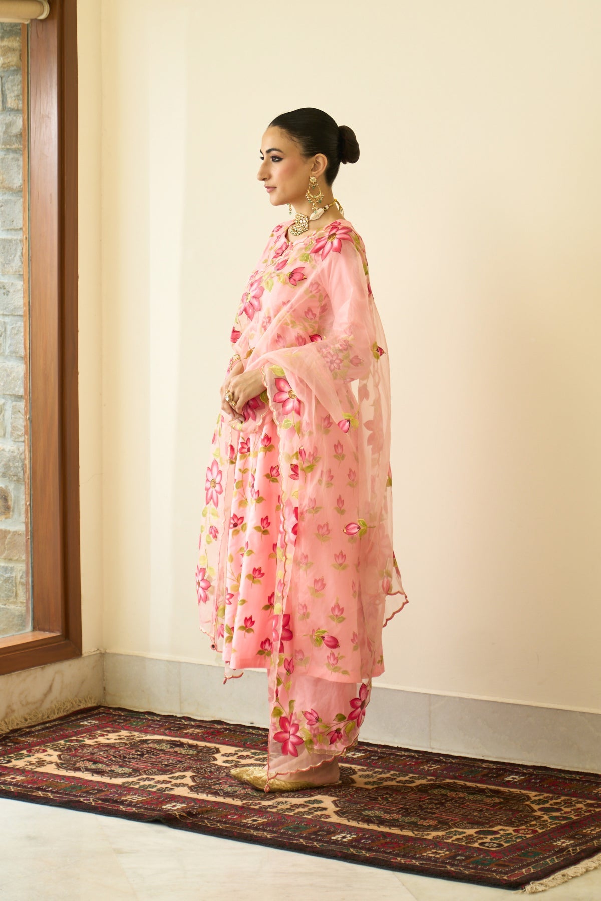 Saanjh Peach Silk Handpainted Kalidar Kurta With Palazzo And Dupatta ( Set Of 3)