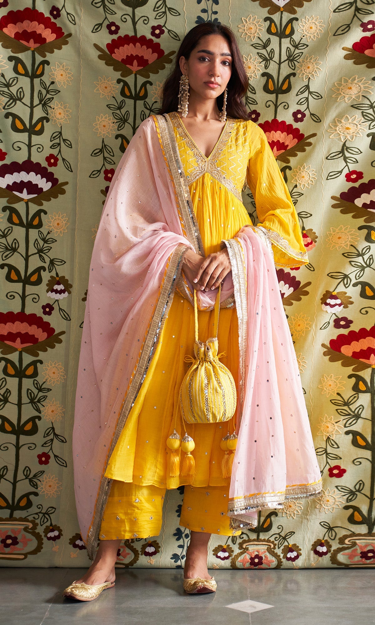 Noorani Yellow V Neck Gota Embroidered Anarkali With Palazzo And Dupata ( Set Of 3) - Ready to ship