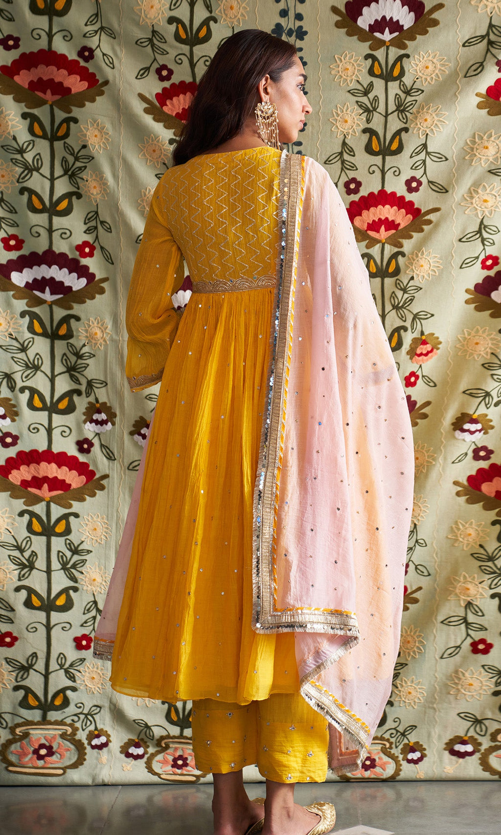Noorani Yellow V Neck Gota Embroidered Anarkali With Palazzo And Dupata ( Set Of 3) - Ready to ship