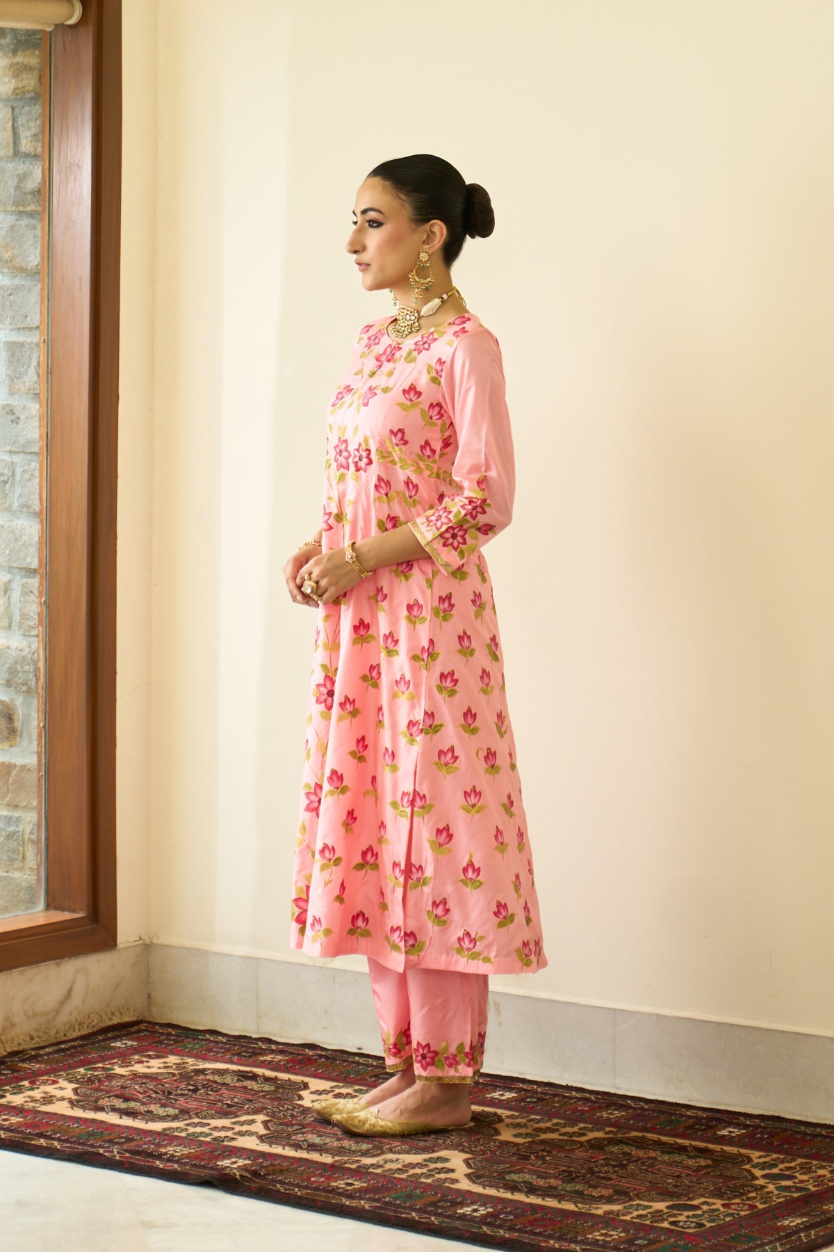 Saanjh Peach Silk Handpainted Kalidar Kurta With Palazzo And Dupatta ( Set Of 3)