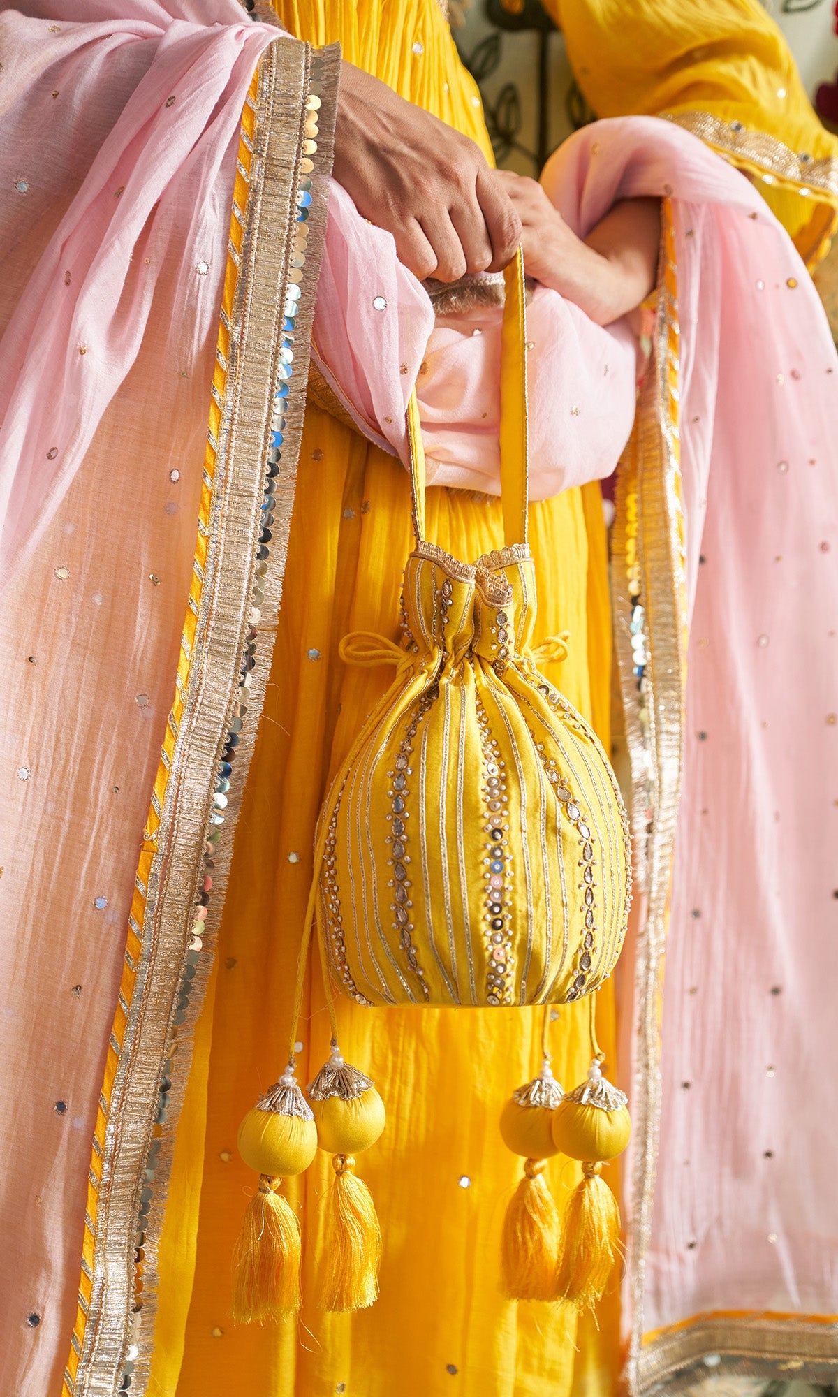 Noorani Yellow V Neck Gota Embroidered Anarkali With Palazzo And Dupata ( Set Of 3) - Ready to ship