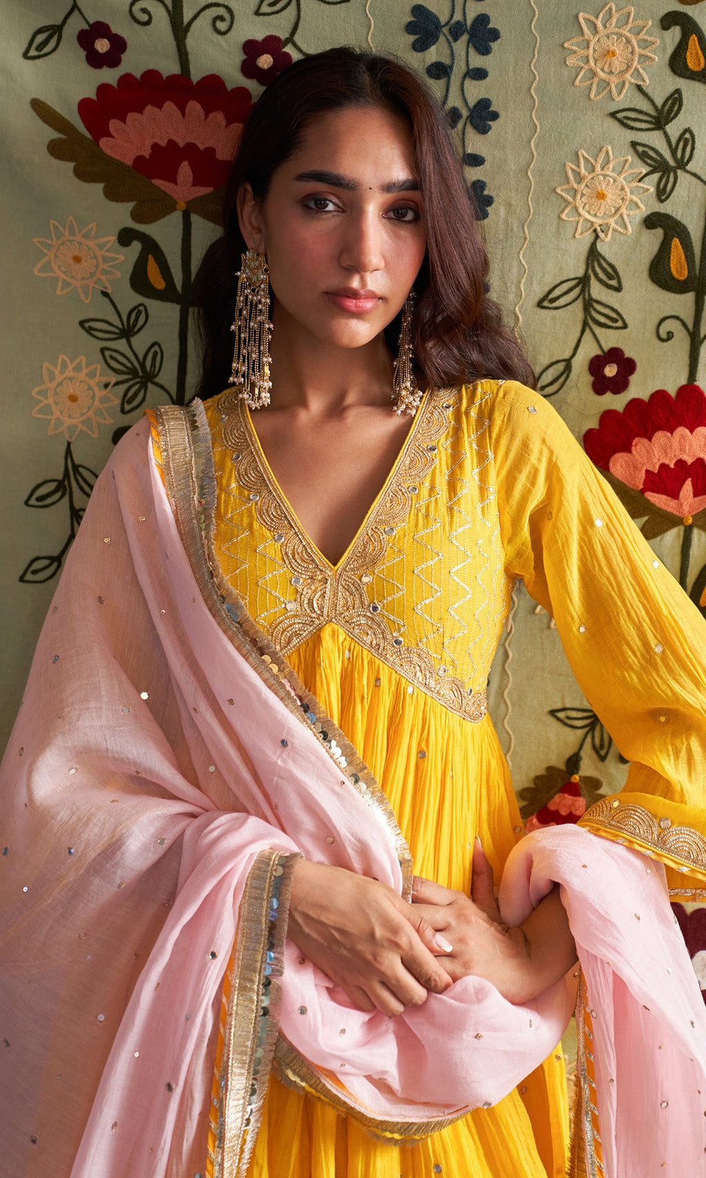Noorani Yellow V Neck Gota Embroidered Anarkali With Palazzo And Dupata ( Set Of 3) - Ready to ship
