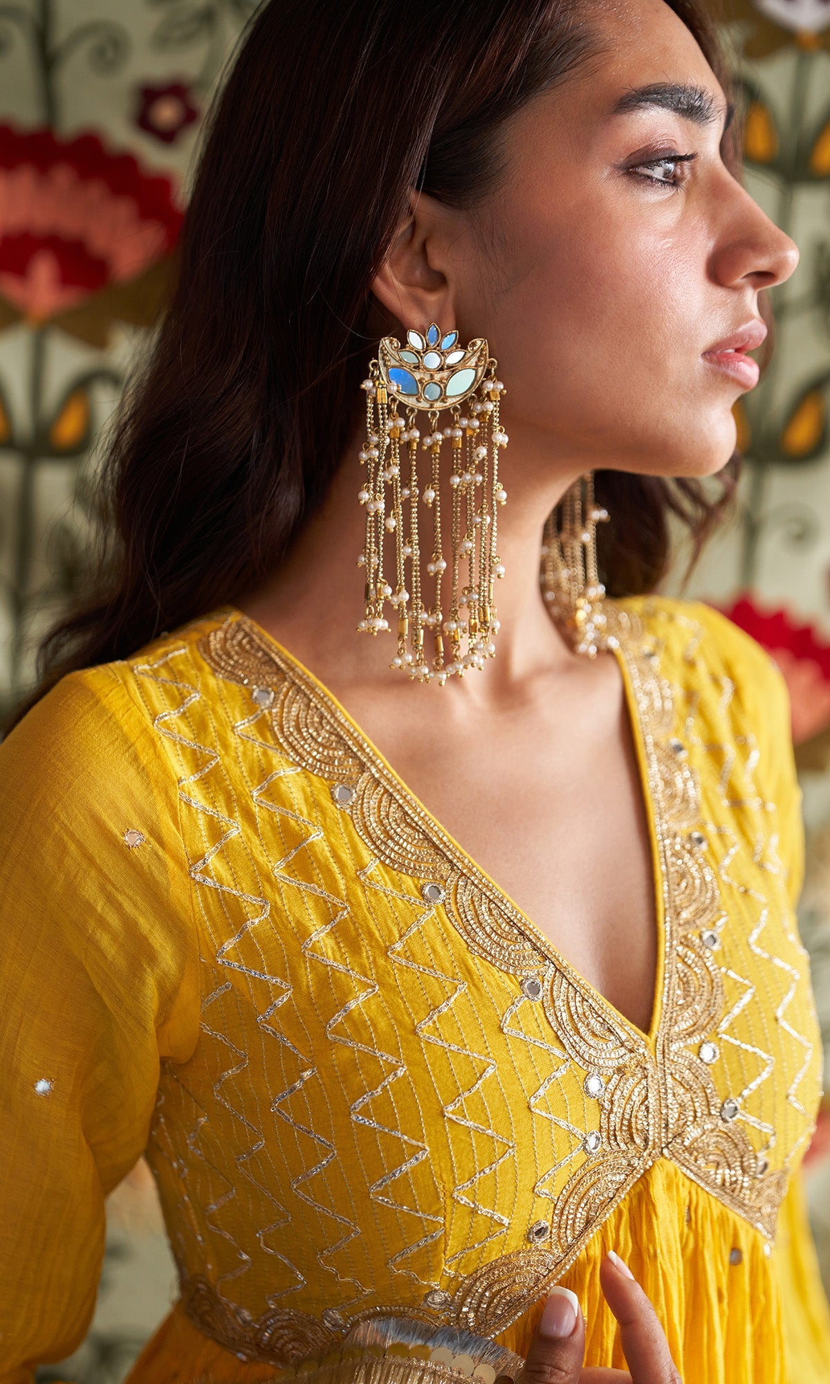 Noorani Yellow V Neck Gota Embroidered Anarkali With Palazzo And Dupata ( Set Of 3) - Ready to ship