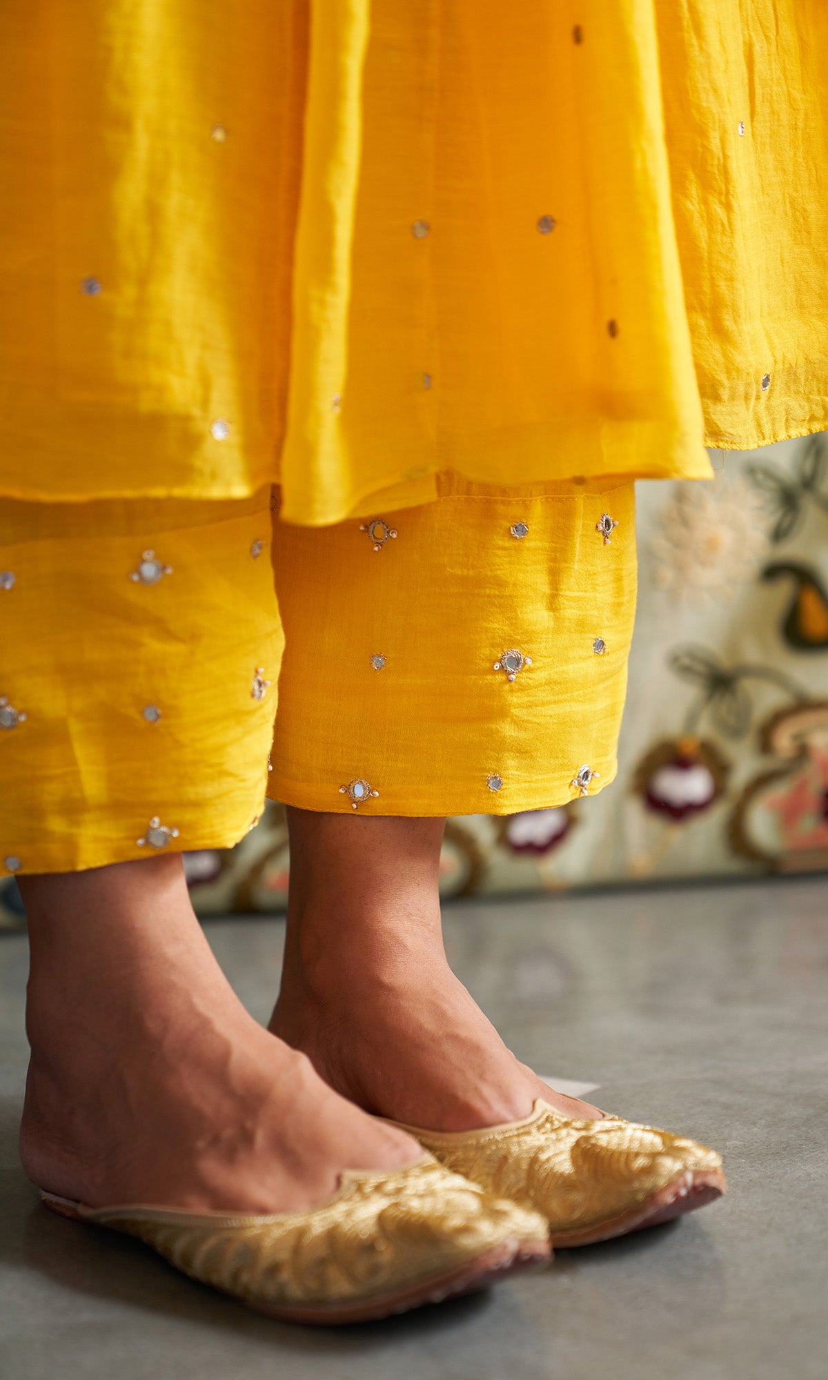Noorani Yellow V Neck Gota Embroidered Anarkali With Palazzo And Dupata ( Set Of 3) - Ready to ship