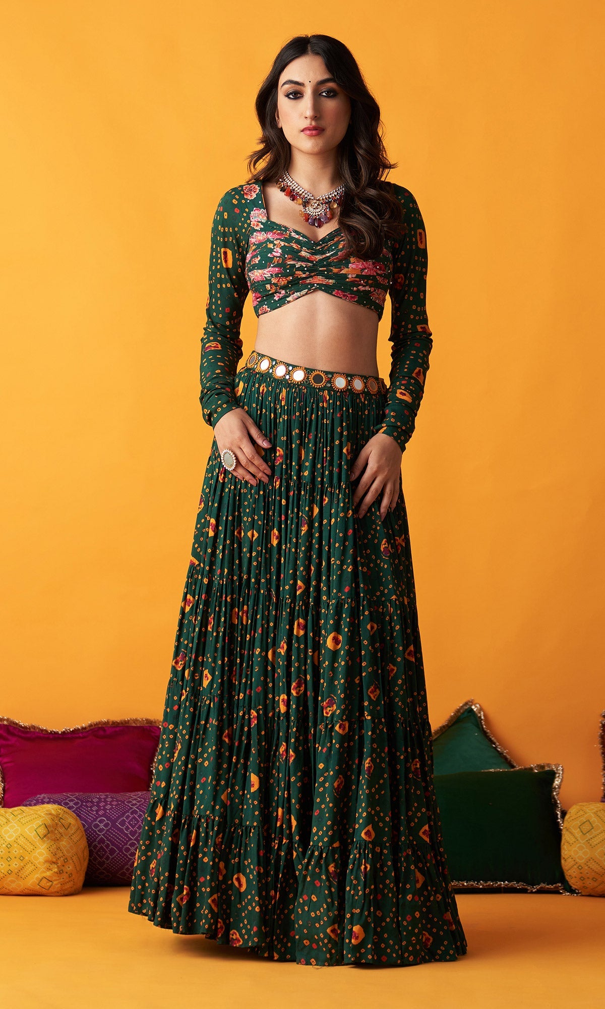Rangreza 2.0 Bandhani Green Tiered Lehenga with Pleated Blouse and Dupatta (Set of 3) - Ready to ship