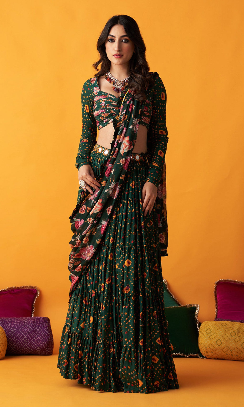 Rangreza 2.0 Bandhani Green Tiered Lehenga with Pleated Blouse and Dupatta (Set of 3) - Ready to ship