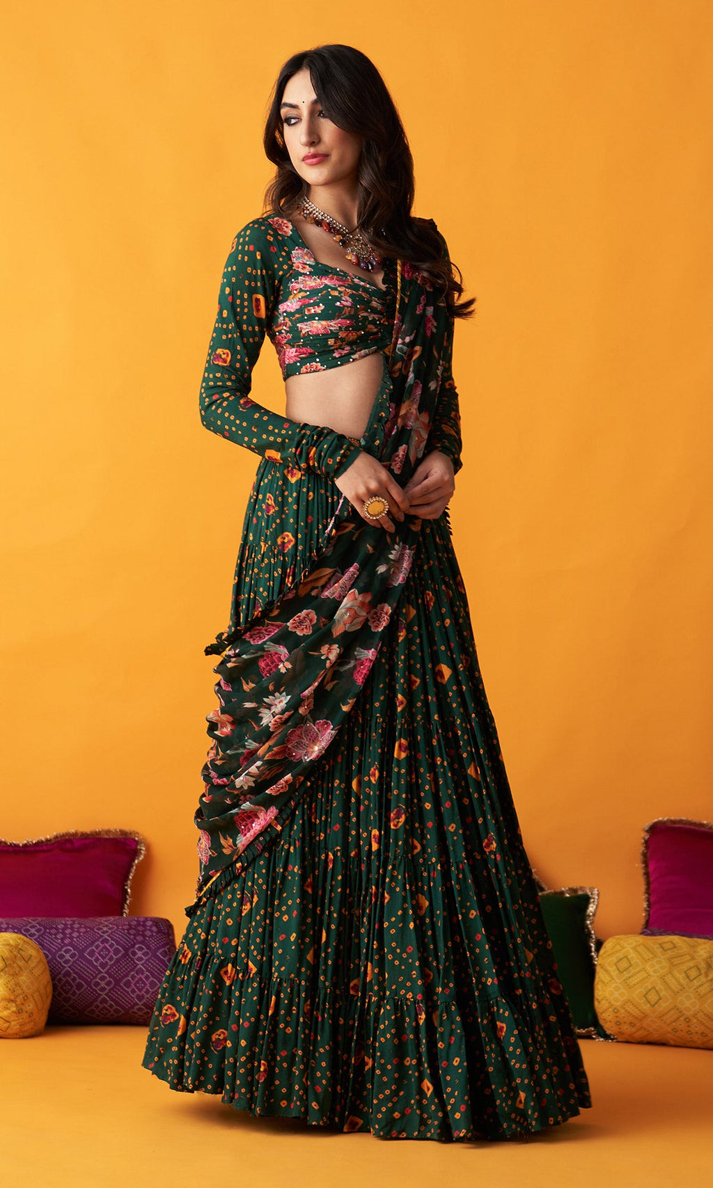 Rangreza 2.0 Bandhani Green Tiered Lehenga with Pleated Blouse and Dupatta (Set of 3) - Ready to ship