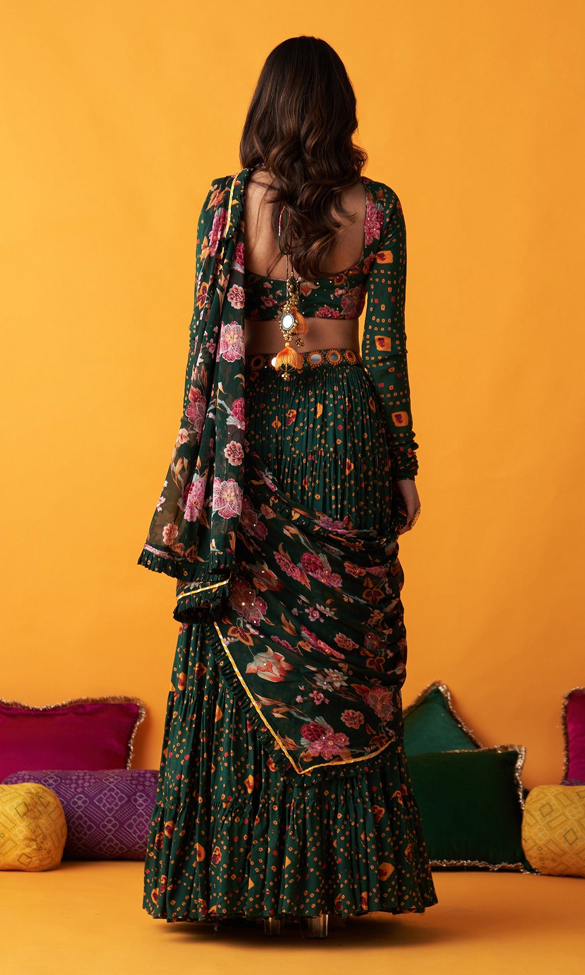 Rangreza 2.0 Bandhani Green Tiered Lehenga with Pleated Blouse and Dupatta (Set of 3) - Ready to ship