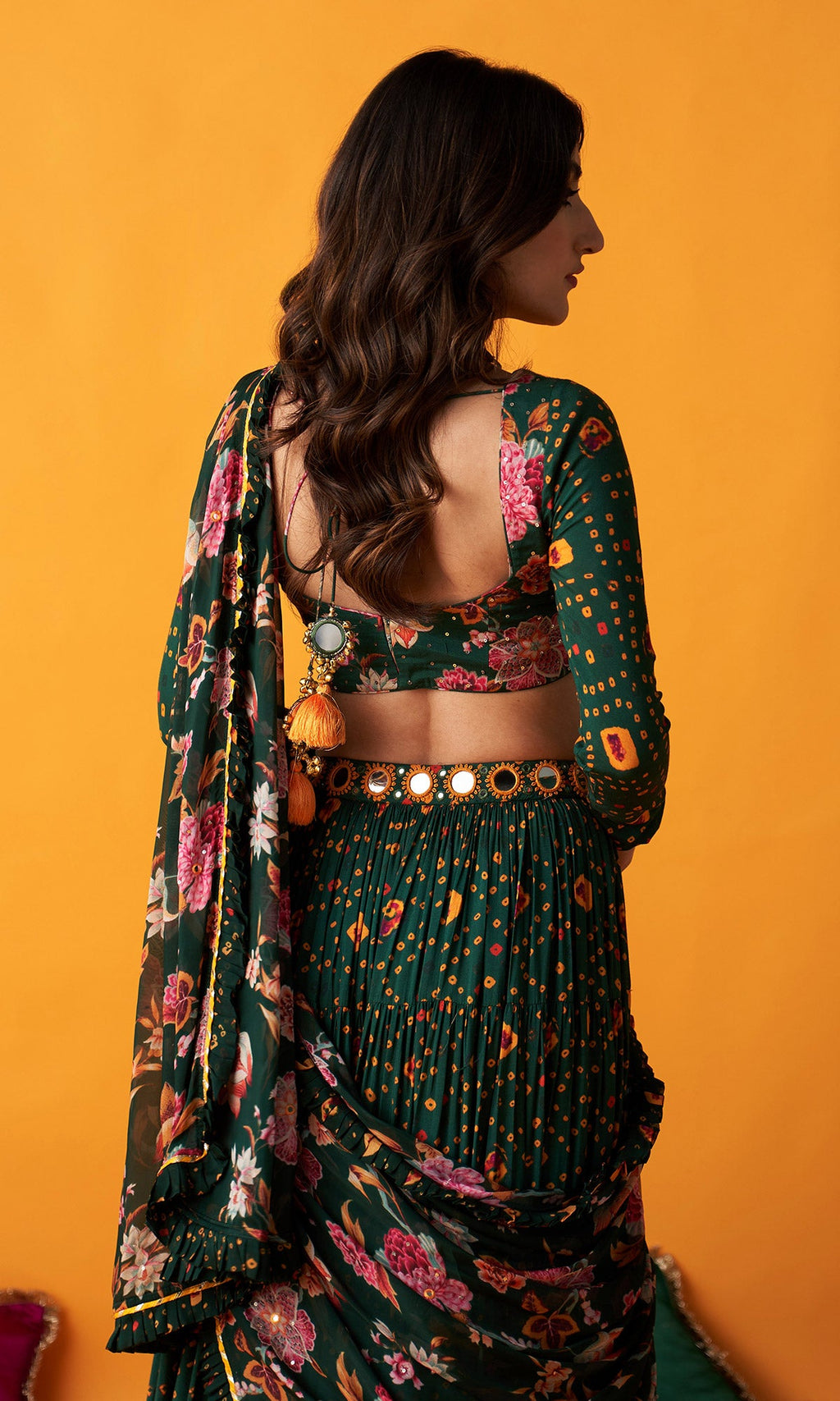 Rangreza 2.0 Bandhani Green Tiered Lehenga with Pleated Blouse and Dupatta (Set of 3) - Ready to ship