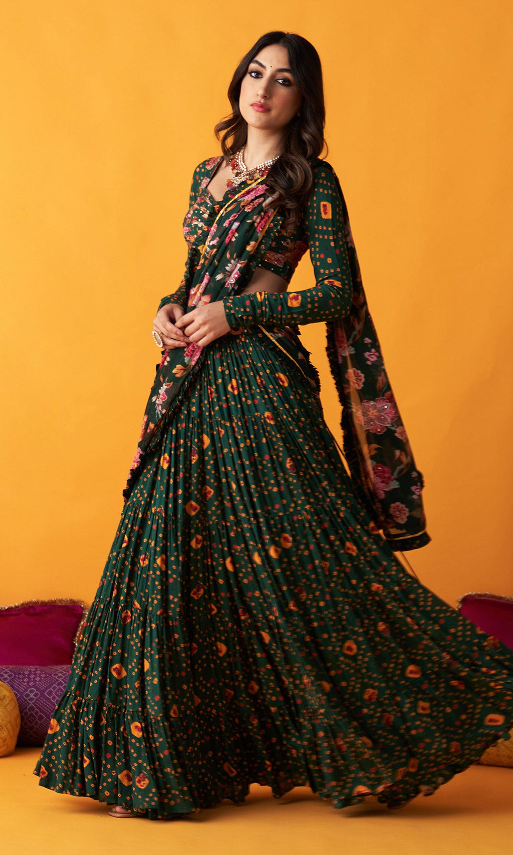 Rangreza 2.0 Bandhani Green Tiered Lehenga with Pleated Blouse and Dupatta (Set of 3) - Ready to ship
