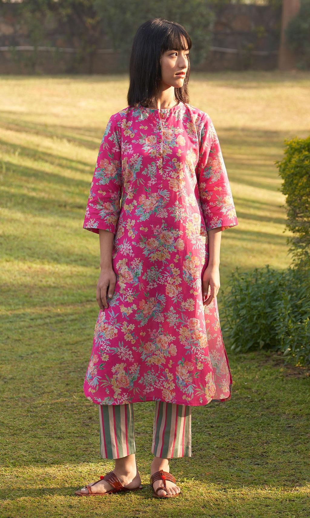 Iris Linen Pink Floral Print Kurta With Stripe Pants ( Set Of 2) RTS
