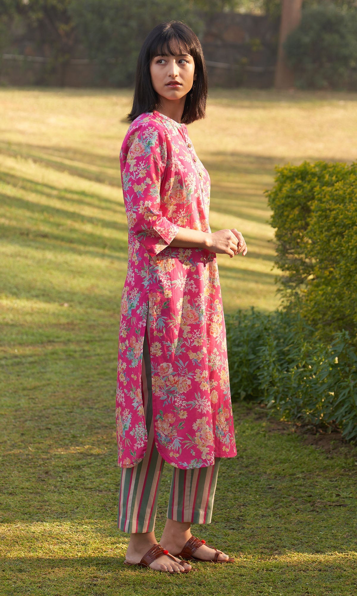 Iris Linen Pink Floral Print Kurta With Stripe Pants ( Set Of 2) RTS