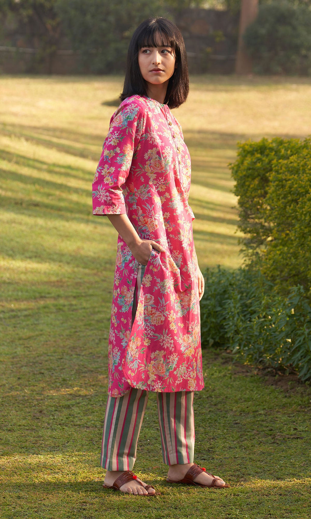 Iris Linen Pink Floral Print Kurta With Stripe Pants ( Set Of 2) RTS