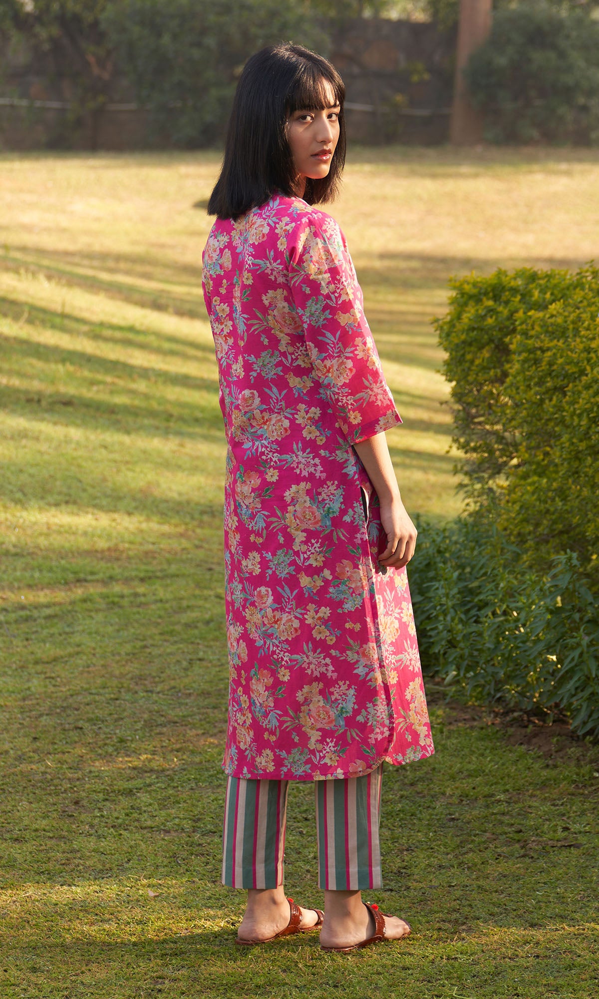Iris Linen Pink Floral Print Kurta With Stripe Pants ( Set Of 2) RTS