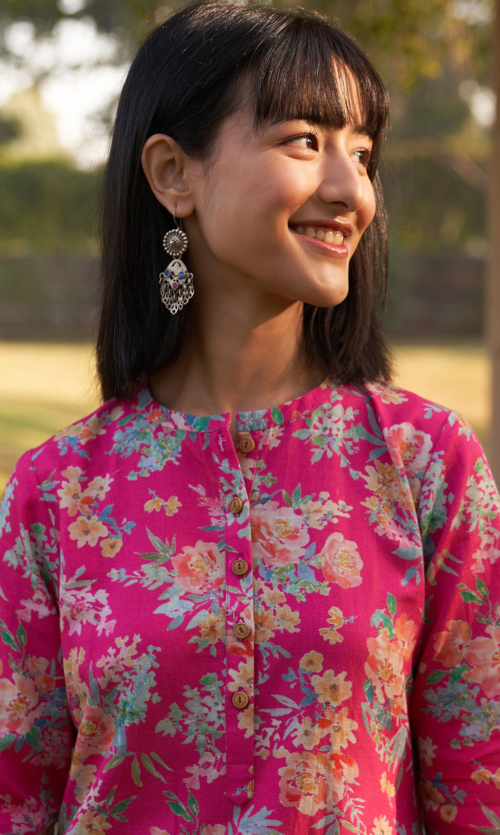 Iris Linen Pink Floral Print Kurta With Stripe Pants ( Set Of 2) RTS