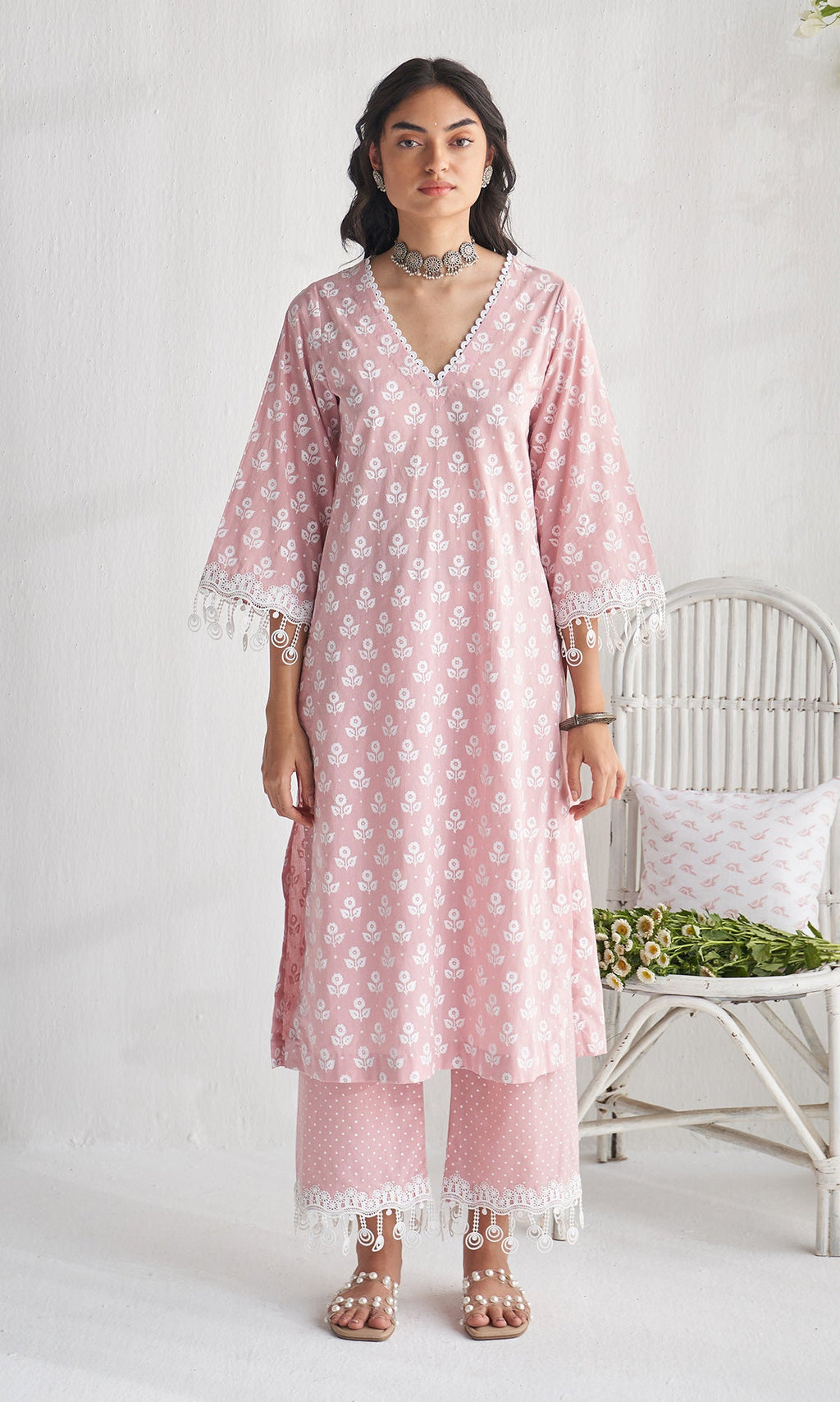 Gulmohar khari dusty pink block printed straight kurta with palazzo and dupatta ( set of 3) - Ready to ship