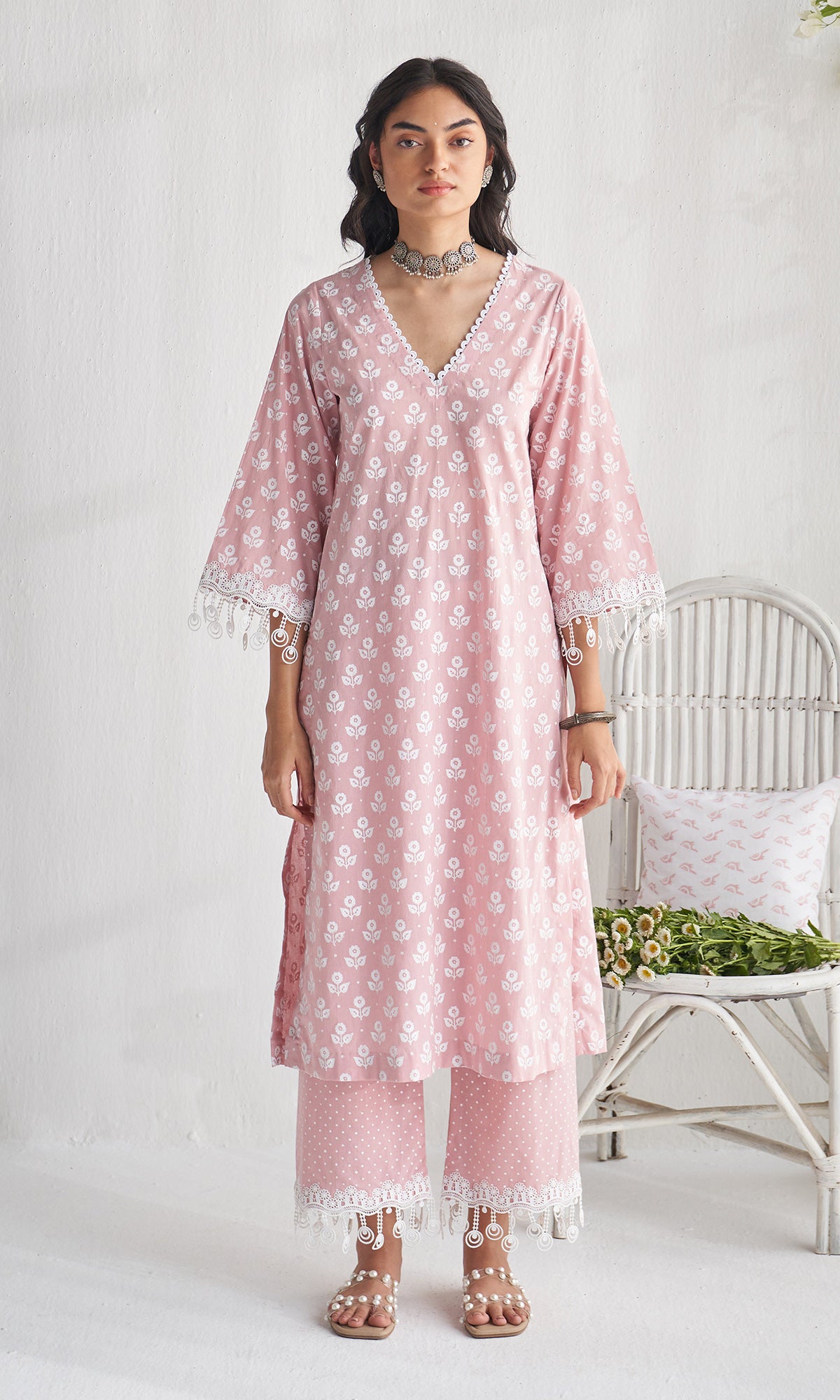 Gulmohar khari dusty pink block printed straight kurta with palazzo and dupatta ( set of 3) - Ready to ship