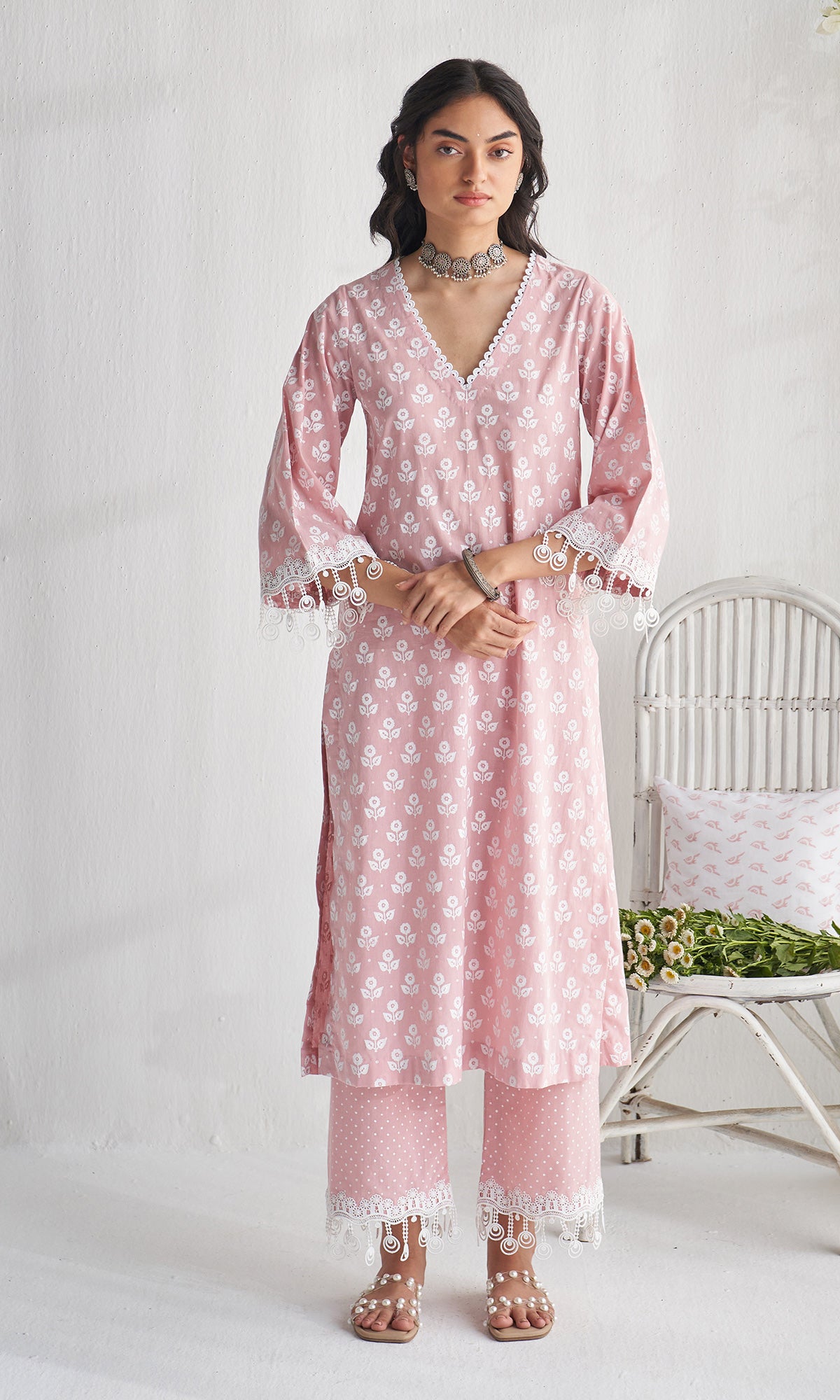 Gulmohar khari dusty pink block printed straight kurta with palazzo and dupatta ( set of 3) - Ready to ship