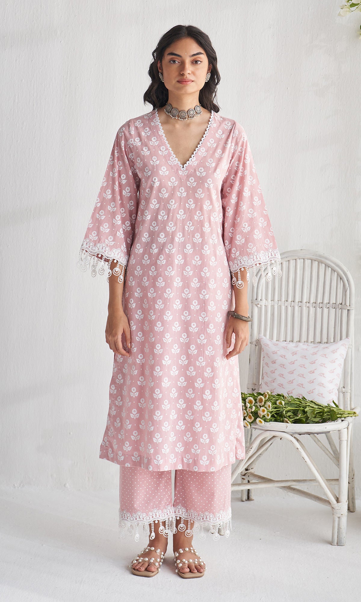Gulmohar khari dusty pink block printed straight kurta with palazzo and dupatta ( set of 3) - Ready to ship