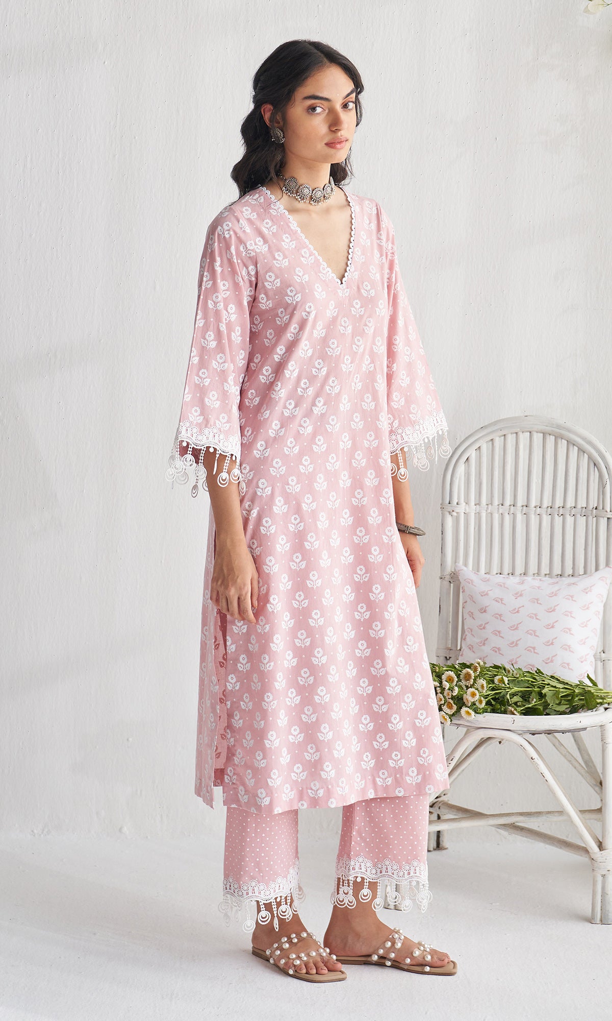 Gulmohar khari dusty pink block printed straight kurta with palazzo and dupatta ( set of 3) - Ready to ship