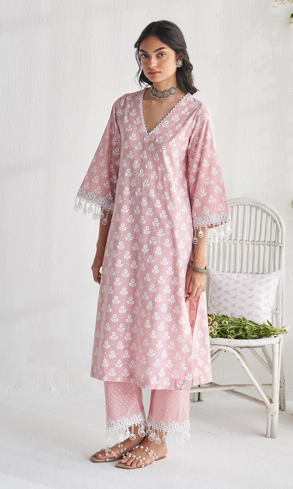Gulmohar khari dusty pink block printed straight kurta with palazzo and dupatta ( set of 3) - Ready to ship