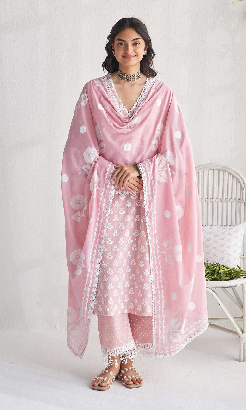 Gulmohar khari dusty pink block printed straight kurta with palazzo and dupatta ( set of 3) - Ready to ship