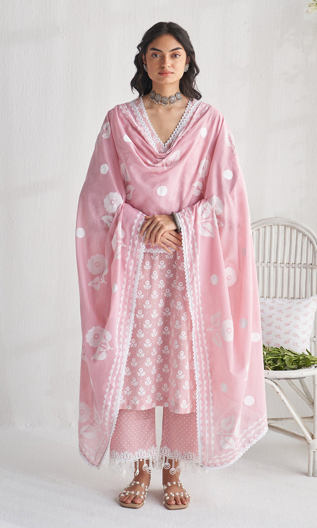 Gulmohar khari dusty pink block printed straight kurta with palazzo and dupatta ( set of 3) - Ready to ship