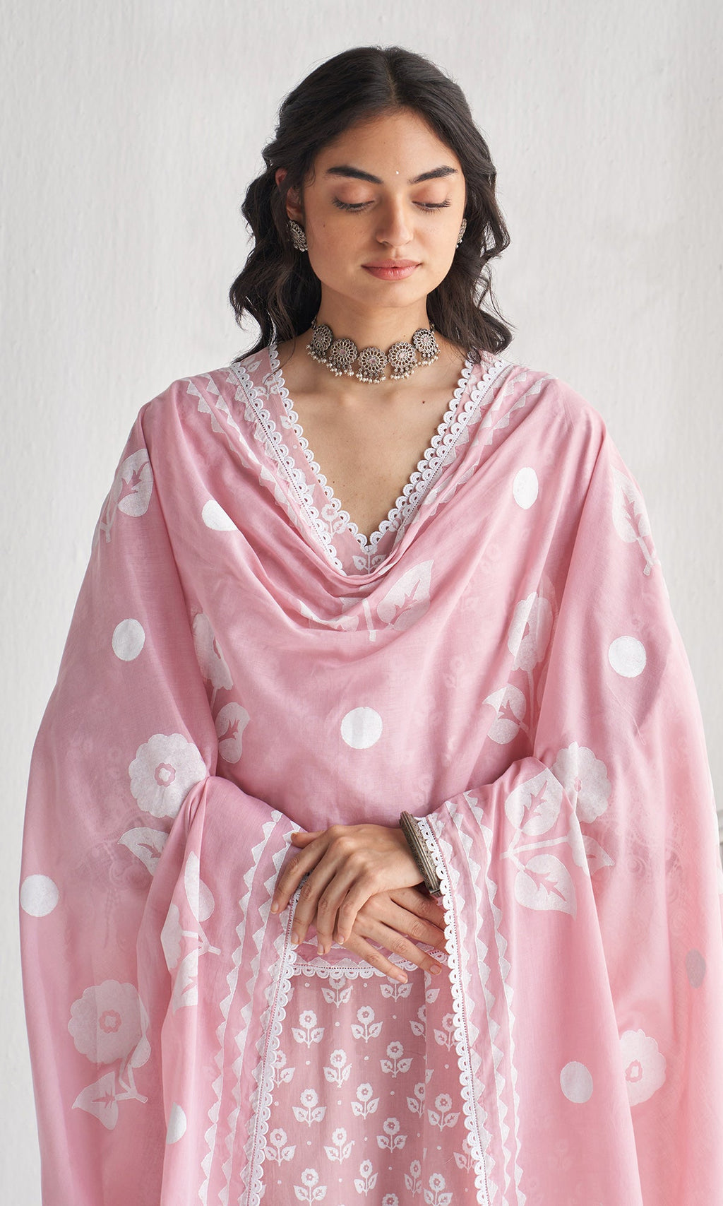 Gulmohar khari dusty pink block printed straight kurta with palazzo and dupatta ( set of 3) - Ready to ship