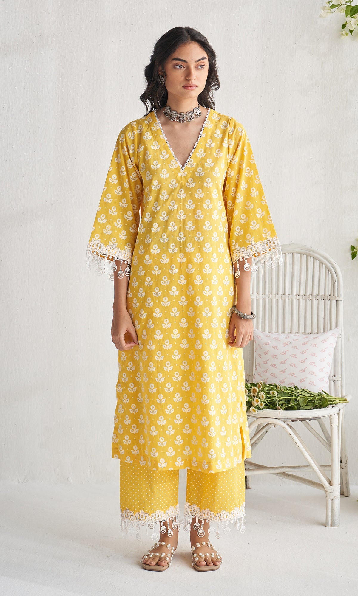 Gulmohar khari yellow block printed straight kurta with palazzo and dupatta ( set of 3) - Ready to ship