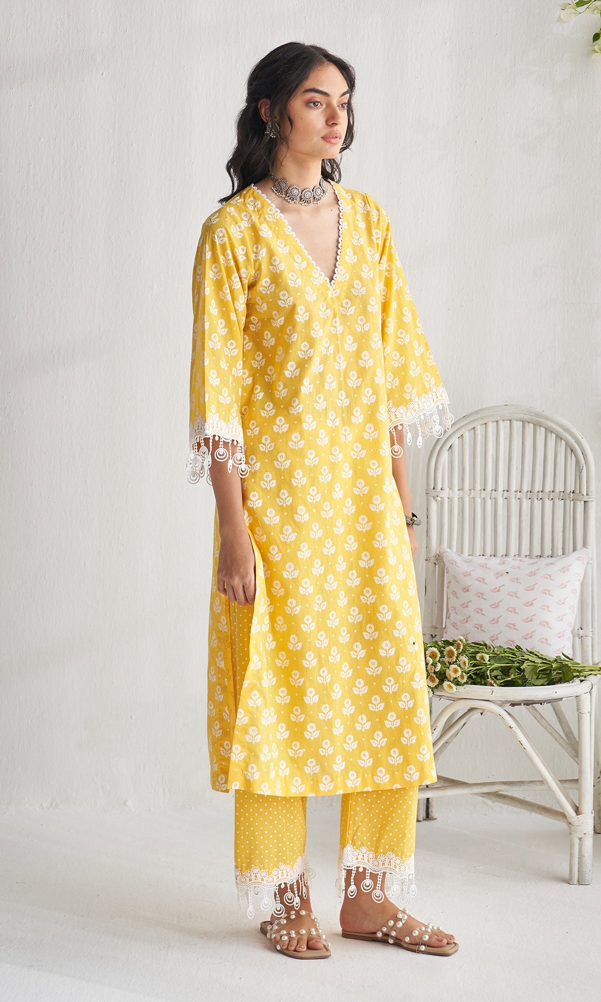 Gulmohar khari yellow block printed straight kurta with palazzo and dupatta ( set of 3) - Ready to ship