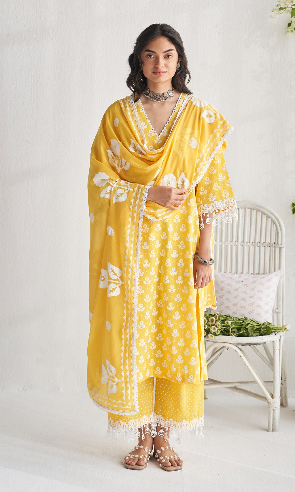 Gulmohar khari yellow block printed straight kurta with palazzo and dupatta ( set of 3) - Ready to ship